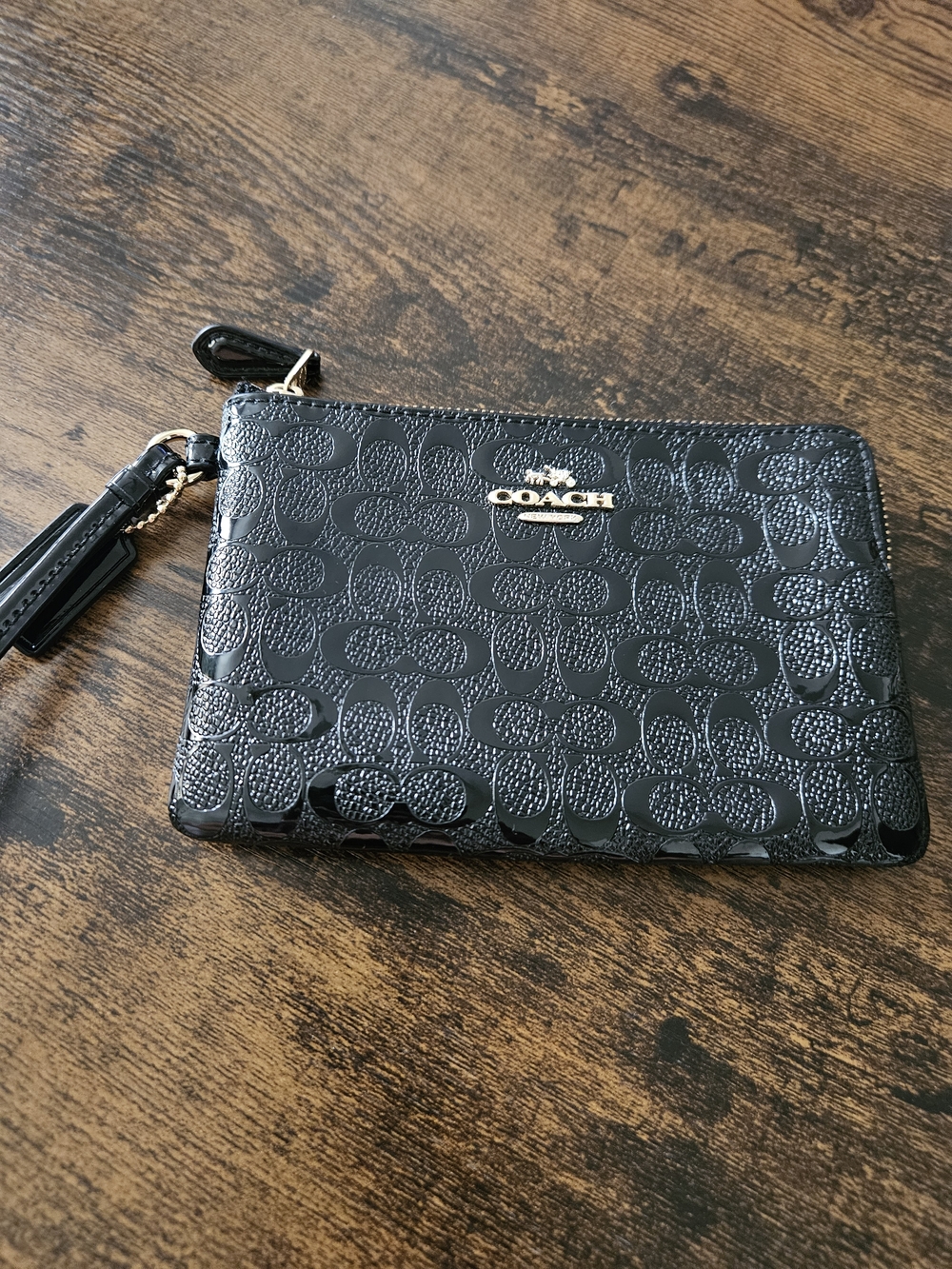 Coach Black Patent Signature Mini Wristlet